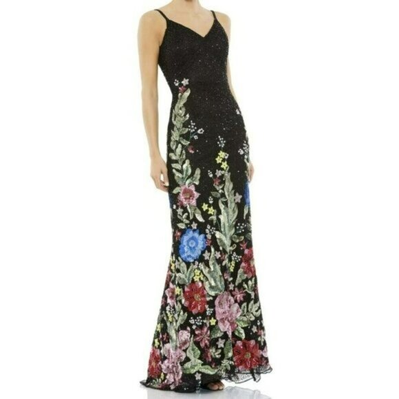 Mac Duggal $798 Black Sequins Floral Maxi Dress Formal Beaded Gown Size 4 NWT - Picture 1 of 12